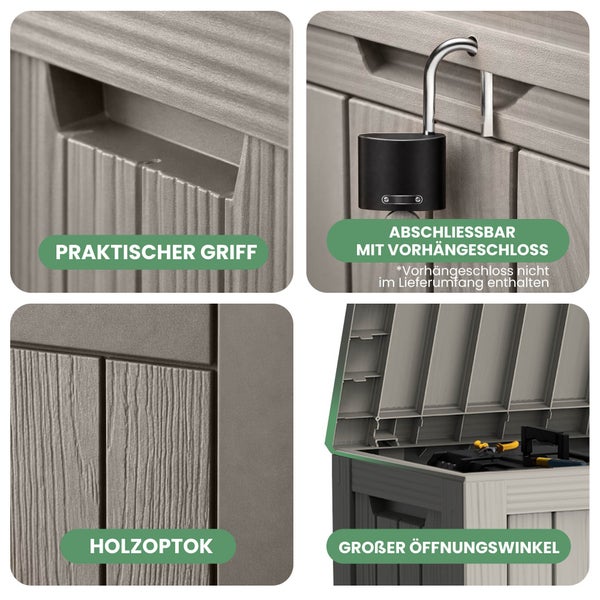 Gartenbox mit praktischem Griff, abschließbarem Verschluss, Holzoptik und großem Öffnungswinkel.
