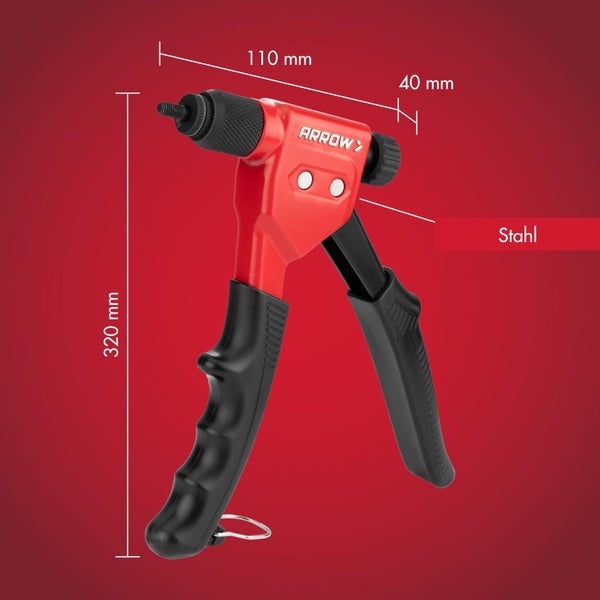 Arrow Blindnietmutternzange aus Stahl: Höhe 320 Millimeter, Kopflänge 110 Millimeter, Kopfbreite 40 Millimeter.