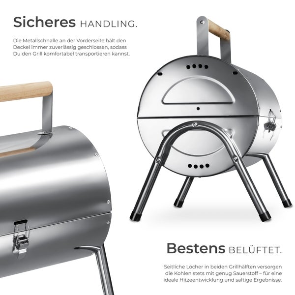 Tragbarer Holzkohlegrill aus Edelstahl mit Holzgriff, Belüftungslöchern und Metallschließe für sicheren Transport.