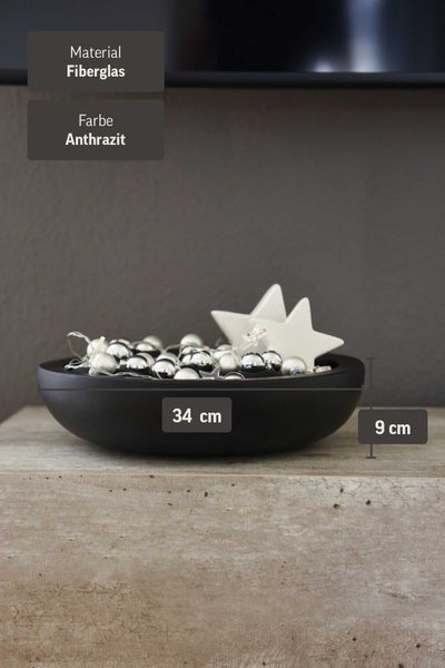 Dekoschale aus Fiberglas in Anthrazit, Durchmesser 34 Zentimeter, Höhe 9 Zentimeter.