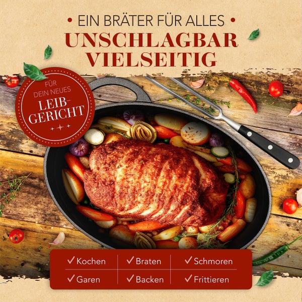 KRUSTENZAUBER 35cm Gusseisen Bräter mit Deckel backofengeeignet [inkl. Fleischgabel] - Gusseisen Topf XXL - Idealer Schmortopf Kazan, Bräter Induktion, Gusseisenpfanne backofengeeignet