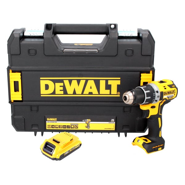 DeWALT Bohrschrauber mit 18 Volt Akkumulator in Gelb und Schwarz inklusive schwarzem Transportkoffer und einem Akkumulator.