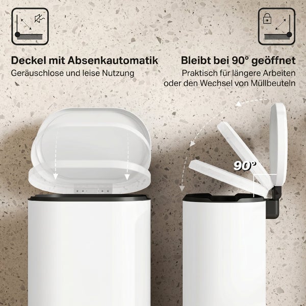 Abfalleimer mit Absenkautomatik und feststellbarem Deckel bei 90 Grad fuer geraeuscharme Nutzung und einfachen Muellbeutelwechsel.