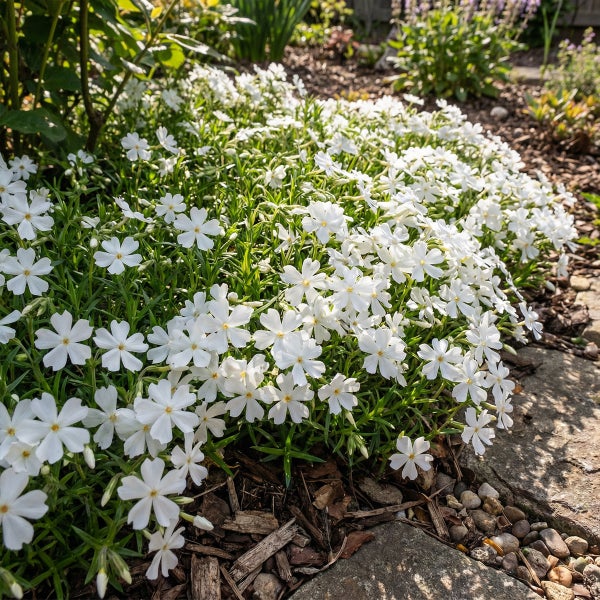 Weißer Polster-Phlox in einem Gartenbeet mit Mulch und Steinen.