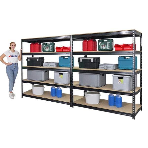 PROREGAL Mega Deal 2x Profi Schwerlastregal Bison HxBxT 200 x 180 x 60 cm 5 Fachböden Fachlast 600 kg Schwarz