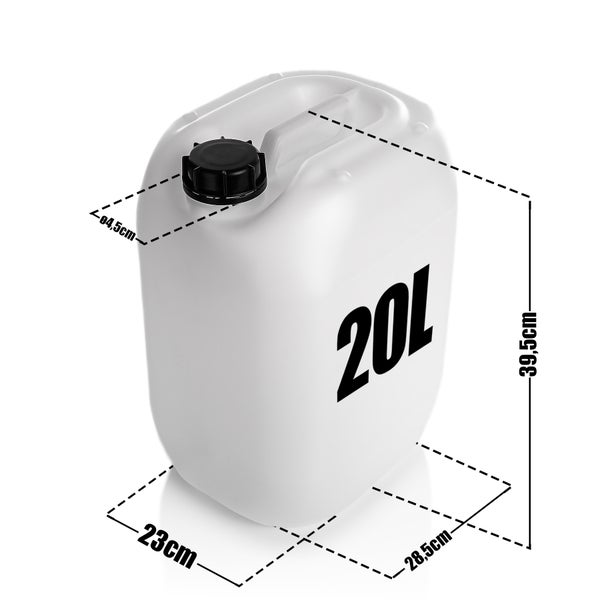 Weißer 20 Liter Kanister mit den Maßen 23 cm x 28,5 cm x 39,5 cm und einer Deckelgröße von 4,5 cm