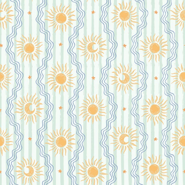 Muster mit handgezeichneten Sonnen, Sternen, vertikalen Wellenlinien und Streifen.
