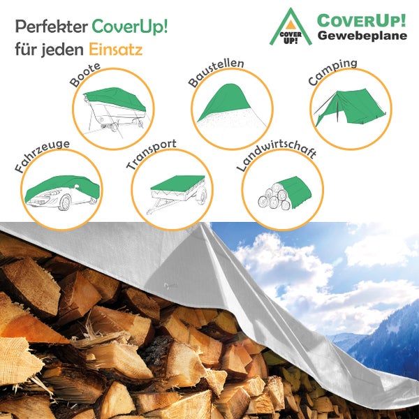 CoverUp! (2x2 m) Gewebeplane - Farbe: Weiß, 120g/m² - Beständigkeit durch verstärkte Gummiecken & rostfreie Ösen - Abdeckplane mit UV-Schutz - Plane inkl. 10m Seil
