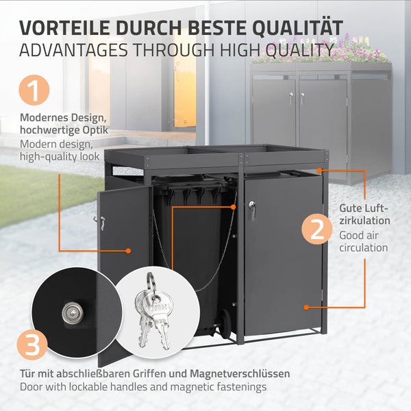 Moderne graue Mülltonnenbox aus Metall für zwei Tonnen mit Pflanzdach, Belüftungsschlitzen und abschließbaren Türen mit Magnetverschluss.