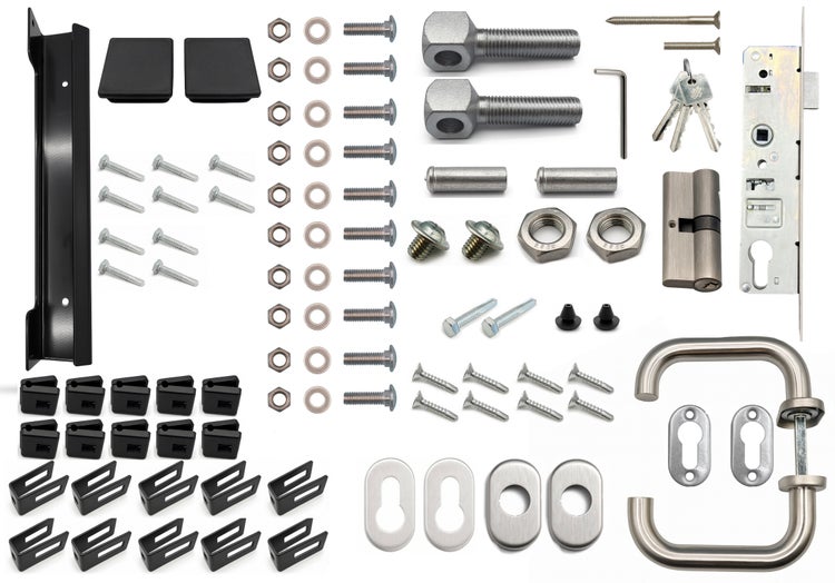Komplettes Beschlagset für Tür mit Drückergarnitur, Zylinder, Schlüssel und Befestigungsmaterial