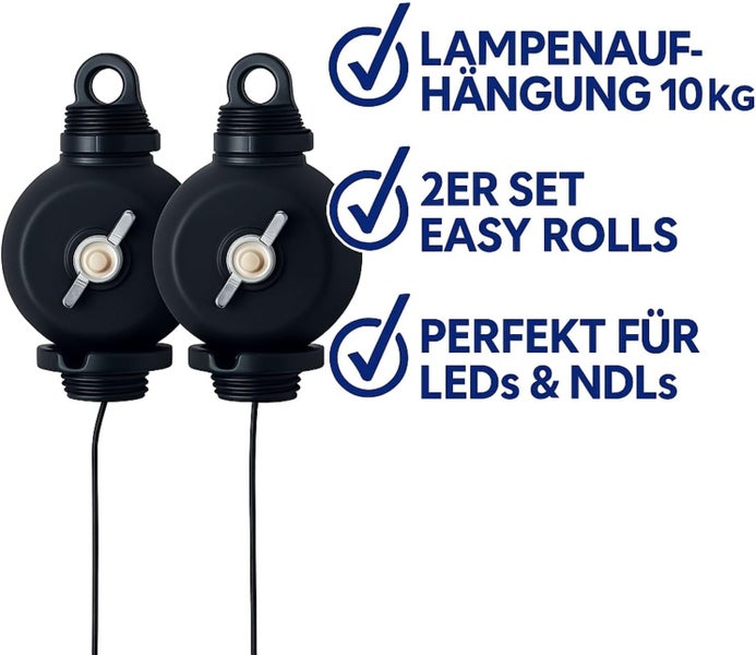 2er Set Easy Rolls Lampenaufhängung für bis zu 10 Kilogramm geeignet für LED Pflanzenlampen und Natriumdampflampen.
