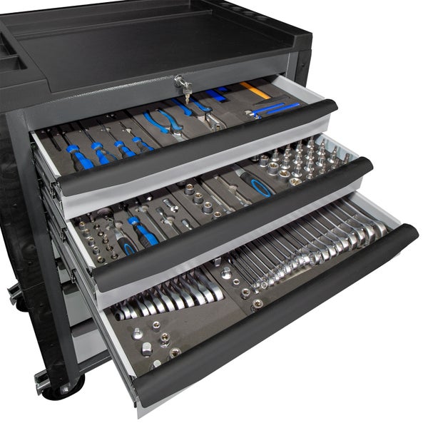 PROREGAL Werkstattwagen Cheetah Plus + 190-tlg. Werkzeugset | 7 Schubladen | HxBxT 98,5x75x47,5cm | Anthrazitgrau/Silbergrau | Schubladenbox