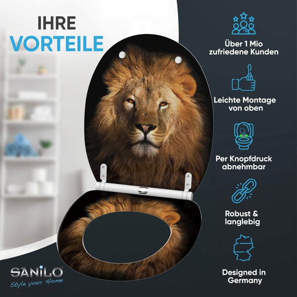SANILO Logo. Toilettensitz mit Löwen-Motiv. Vorteile: Über eine Million Kunden, Montage von oben, abnehmbar, robust, in Deutschland entworfen.