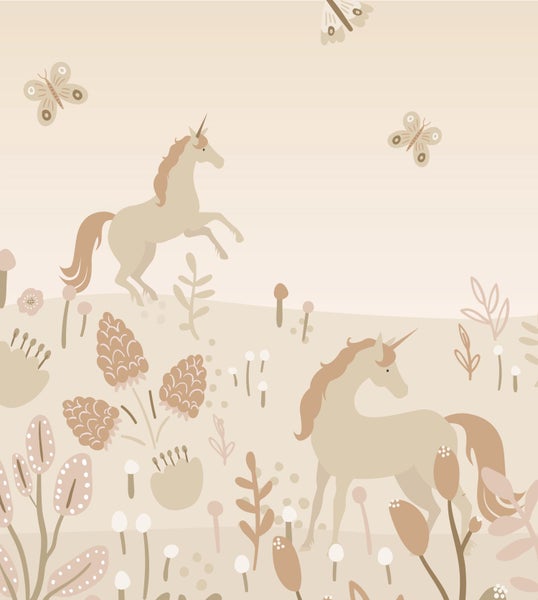 Illustration mit Einhörnern, Blumen und Schmetterlingen.