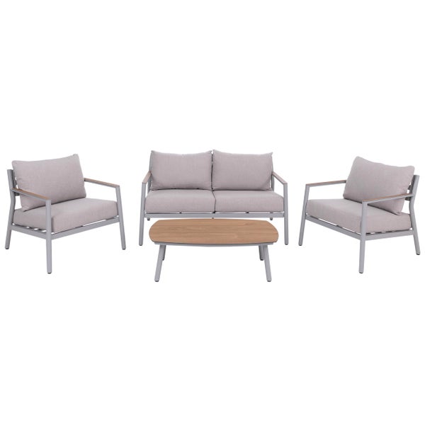 Gartenmöbel-Set bestehend aus einem Zweisitzer-Sofa, zwei Sesseln und einem Couchtisch mit Holzplatte und Metallgestell.