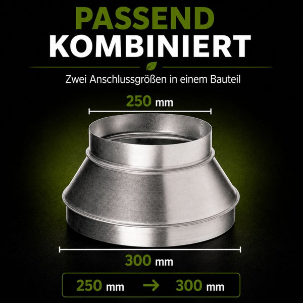 Reduzierstück aus verzinktem Stahl für Lüftungsrohre, oberer Anschluss 250 Millimeter, unterer Anschluss 300 Millimeter.