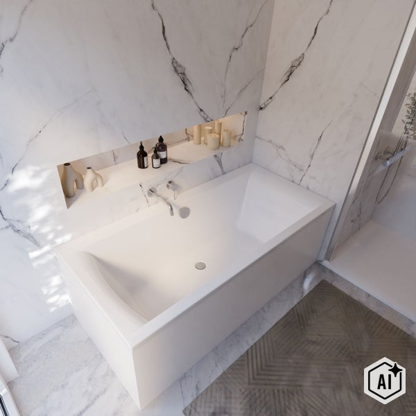 Modernes Badezimmer mit weißer Badewanne, Marmoroptik Wandfliesen, integrierter Nische und Duschbereich in heller Atmosphäre.