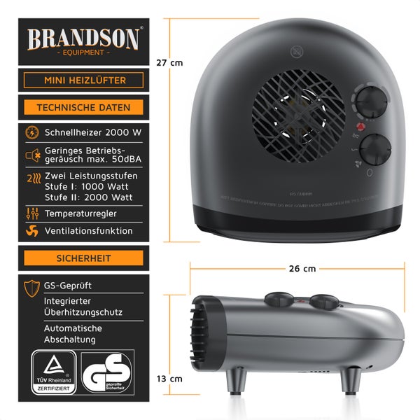 Brandson Heizlüfter 2000W, 2 Leistungsstufen, Thermostat, energiesparend, leise, Überhitzungsschutz, automatische Abschaltung, Grau