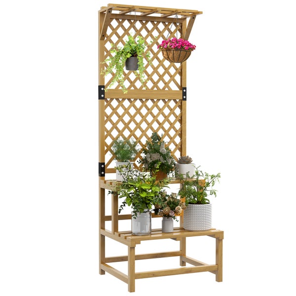Outsunny Pflanzenständer aus Holz, Blumentreppe mit 2 Ebenen, Rankhilfe, Blumenregal, Pflanzentreppe, für Garten, Terrasse, Gelb, 60 x 50 x 166 cm