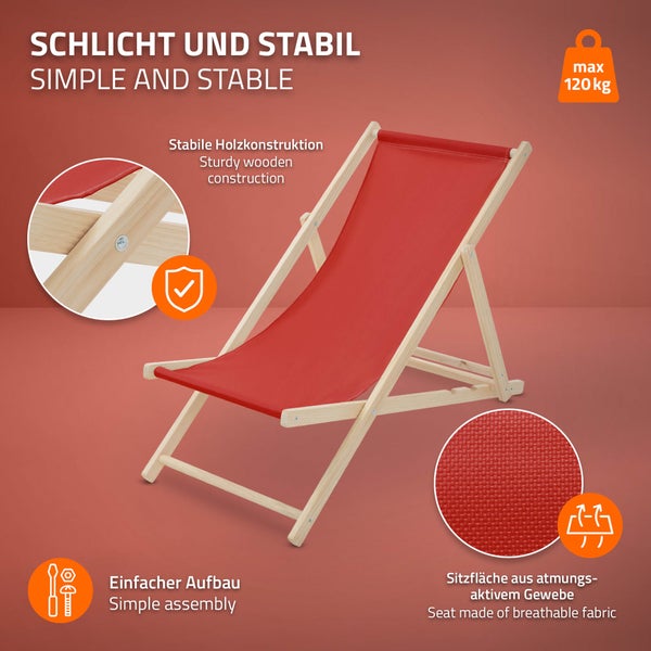 Roter Liegestuhl aus Holz mit atmungsaktiver Sitzfläche, einfache Montage, Belastbarkeit bis 120 Kilogramm.