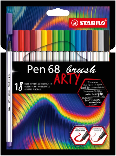 STABILO Pen 68 brush ARTY, Set mit 18 Filzstiften mit flexibler Pinselspitze und wasservermalbarer Tinte für variable Strichstärken.