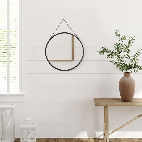 HOMCOM Wandspiegel Schminkspiegel Ø 50 cm Rundspiegel Wohnzimmerspiegel mit dekorativer Aufhängung für Schlafzimmer, Esszimmer, Diele Schwarz Metall Glas