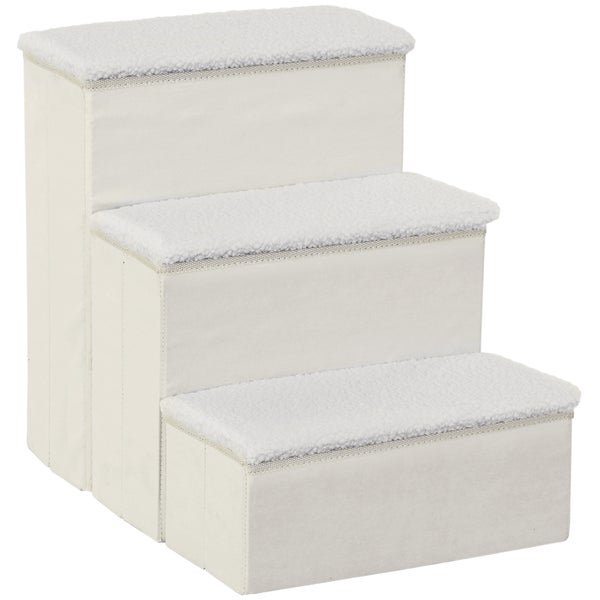 PawHut Haustiertreppe Katzentreppe Hundetreppe Faltbar 3 Stufen Tiertreppe mit Stauraum für Katzen und Hunde MDF Weiß 40 x 54 x 48 cm