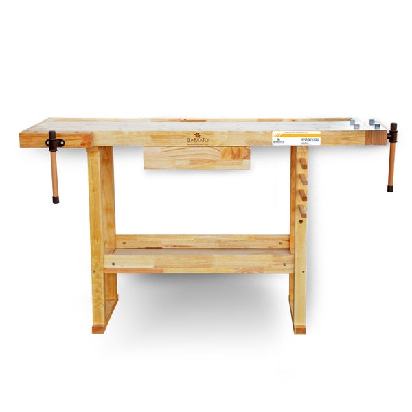 Werkbank aus Holz mit Schraubstöcken und Ablage