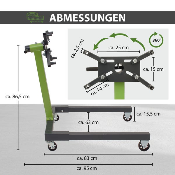 Motorständer Stahl Tragkraft 550 kg 360° Montagekopf 4 Räder Motorhalter Montageständer mobil grün
