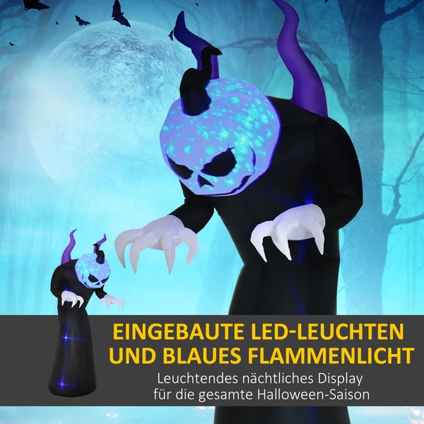 Outsunny 210 cm Aufblasbar Gespenst mit Kürbiskopf Halloweendeko mit blauem Flammeneffekt mit LED-Lichte Aufblasbare Halloweendekoration Wasserdicht für den Innen und Außenbereich