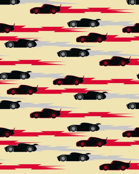 Muster mit stilisierten schwarzen Autos und farbigen Geschwindigkeitslinien