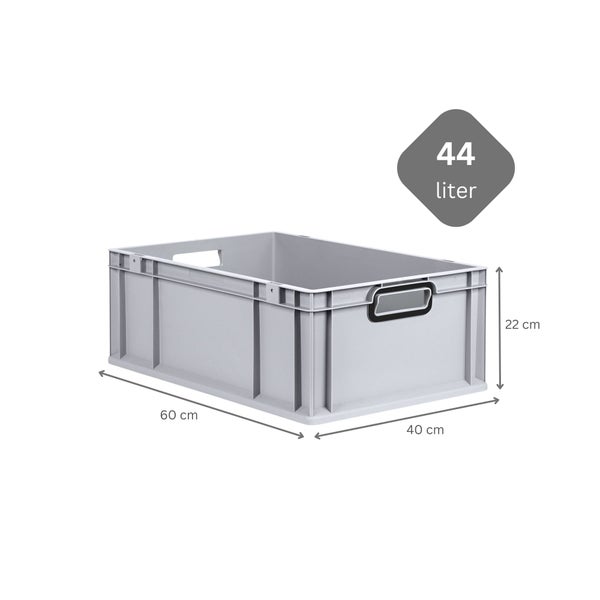 Eurobox NextGen Color, HxBxT 22x40x60cm, 44 Liter, Griffe schwarz offen, Verstärkter Boden, Grau, Eurobehälter, Transportbox, Transportbehälter, Stapelbehälter