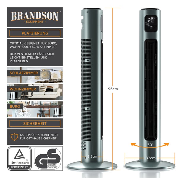 Brandson Turmventilator, Standventilator mit Fernbedienung, Säulenventilator oszillierend, 96 cm, Ventilator mit 3 Geschwindigkeitsstufen, GS