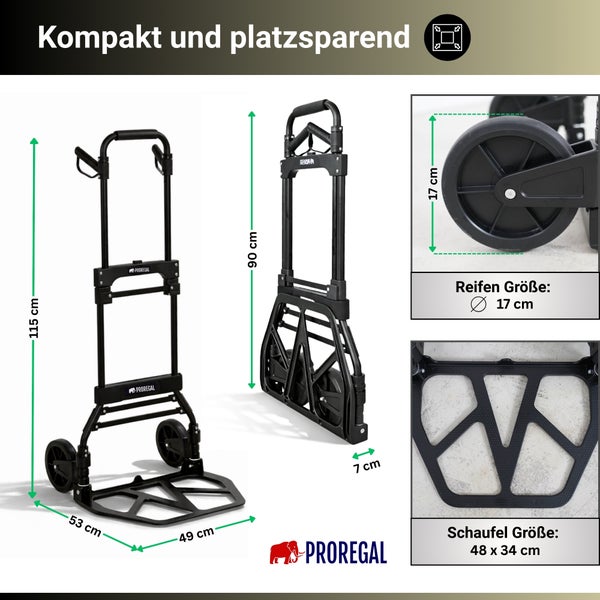 ProRegal Sackkarre. Ausgeklappt: 115 Zentimeter. Eingeklappt: 90 mal 7 Zentimeter. Schaufel: 48 mal 34 Zentimeter. Reifen: 17 Zentimeter. ProRegal Logo.