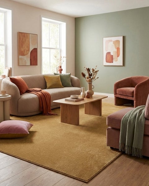 Modernes Wohnzimmer mit gebogenem Sofa, Holztisch, senfgelbem Teppich, Samtsessel und abstrakter Wandkunst in warmen Erdtönen.