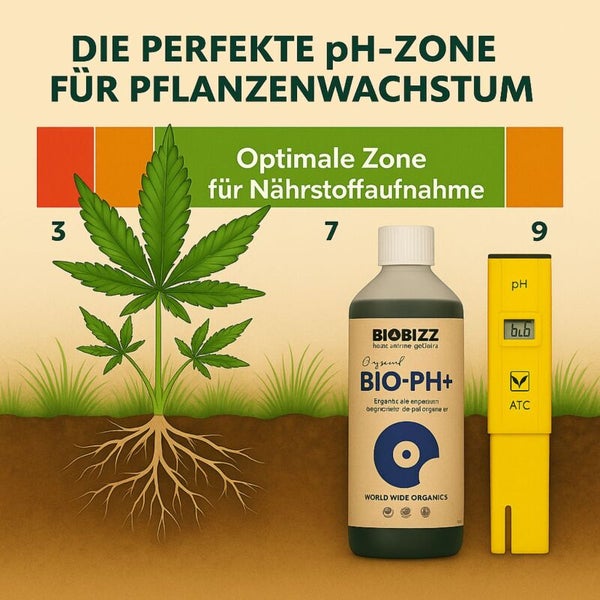 Infografik zur optimalen pH-Zone für Pflanzenwachstum mit einer Flasche Biobizz Bio-PH plus und einem digitalen pH-Messgerät.