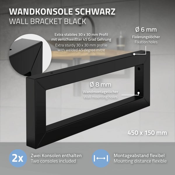 ML-Design 2er Set Wandkonsole für Waschtisch, 450x150 mm, Schwarz, Stahl, Design Waschtischhalterung, Wandhalterung Unterbau für Waschtischplatte, Konsolenträger Regalträger Regalhalter Handtuchhalter