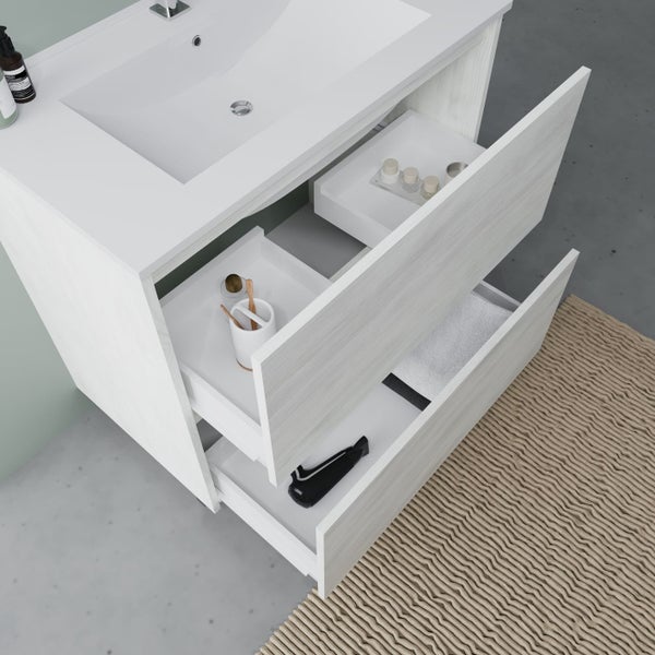 Waschtischunterschrank mit geöffneten Schubladen zur Badezimmeraufbewahrung