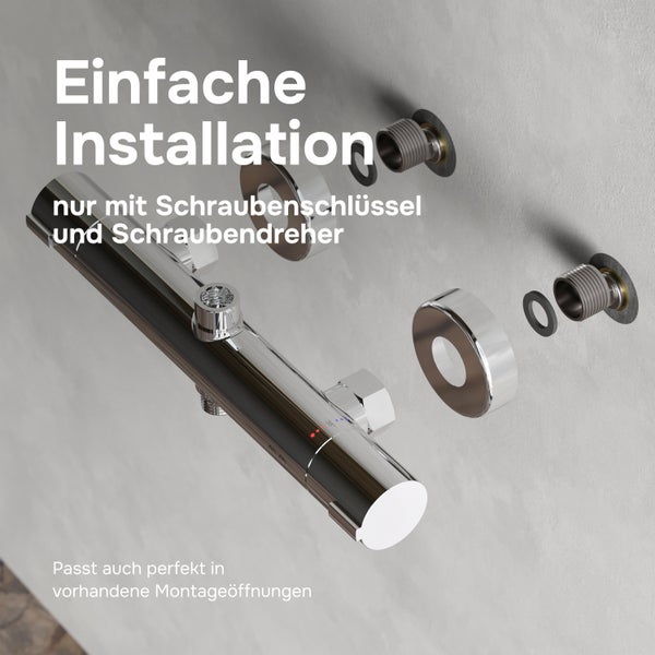 Duschthermostat Armatur bei der Wandmontage mit Schraubenschlüssel und Schraubendreher zur einfachen Installation.