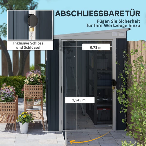 Outsunny Metall Gerätehaus 2,6m² 128x193x181cm Geräteschuppen mit Pultdach Fenster Abschließbarer Tür wetterfest Gartenhaus Outdoor Garten Schuppen für Hinterhof Außenbereich Dunkelgrau