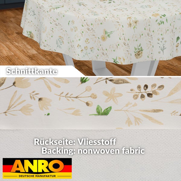 Rundes Wachstuch mit feinem floralem Muster, Schnittkante und weicher Vliesrückseite, ANRO Logo.