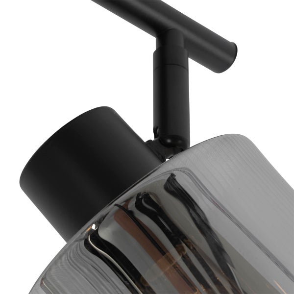 Detailansicht einer schwarzen Deckenleuchte mit transparentem Lampenschirm