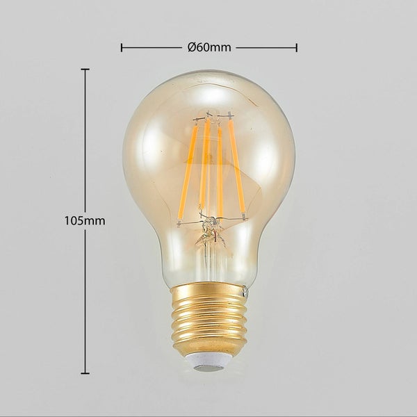 LED-Filament-Leuchtmittel in Birnenform mit E27-Sockel, Höhe 105 Millimeter, Durchmesser 60 Millimeter.