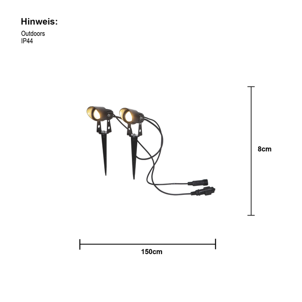 Zwei Gartenstrahler mit Erdspieß, Kabellänge 150 Zentimeter, Höhe 8 Zentimeter, geeignet für den Außenbereich, Schutzart IP44
