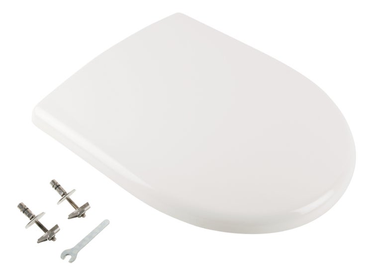 Calmwaters® WC Sitz für Keramag Renova Nr. 1, antibakterieller Toilettensitz mit Absenkautomatik, Duroplast Toilettendeckel, überlappende D-Form, Edelstahlscharnier, Klodeckel, Weiß, 26ZZ3550