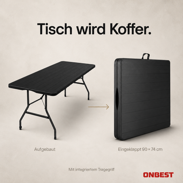 Schwarzer klappbarer Gartentisch aus Kunststoff in Holzoptik, aufgebaut und zum Koffer zusammengeklappt, 90 mal 74 Zentimeter. ONBEST Logo.