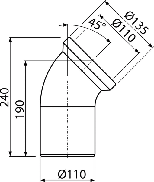 Maßzeichnung eines Rohrbogens 45 Grad, Durchmesser 110 Millimeter, Gesamthöhe 240 Millimeter.