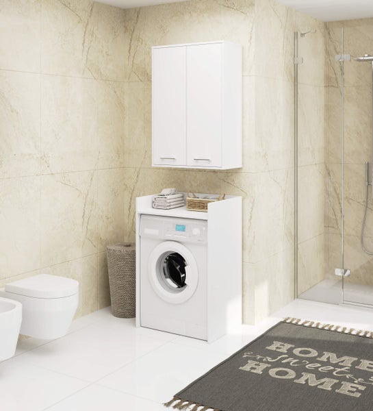Modernes Badezimmer mit Waschmaschine, Waschbecken, Toilette, Dusche und Aufbewahrungsschrank
