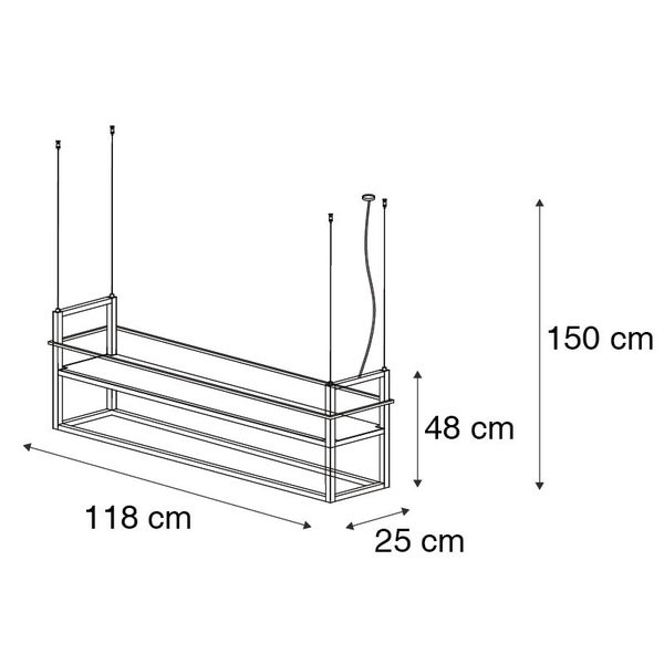 Skizze eines Hängeboards mit den Maßen 118 cm Breite, 25 cm Tiefe und 150 cm Höhe.
