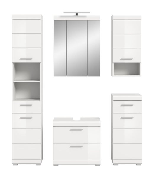 Weißes Badezimmermöbel-Set bestehend aus Spiegelschrank mit Beleuchtung, Waschbeckenunterschrank, Hochschrank, Hängeschrank und Unterschrank.